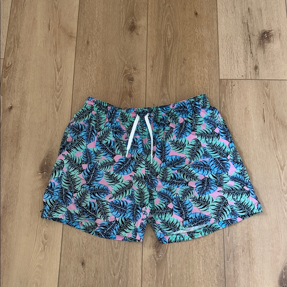 Chubbies Blue and Pink Leaf Print Swim Trunks